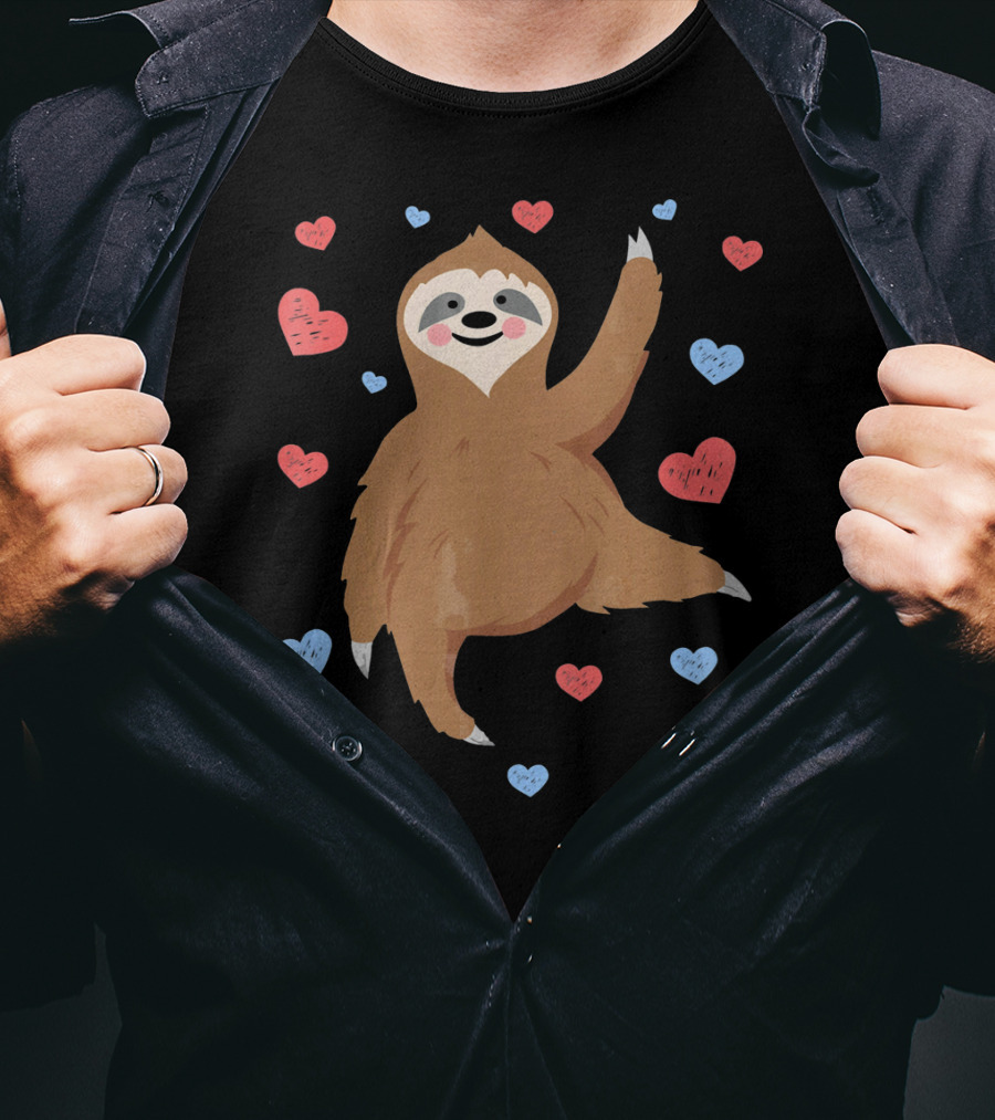 Cute Cuddly Sloth Surrounded By Red And Blue Hearts Valentine's Day T-Shirt