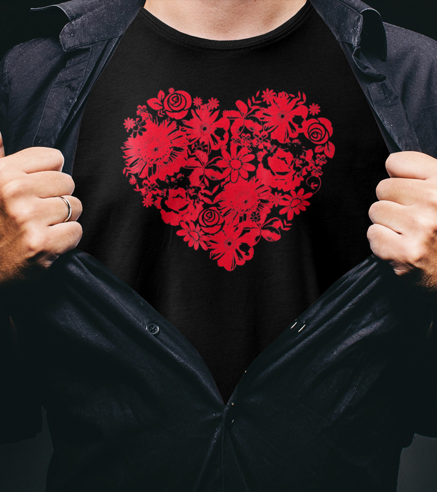 Cute Red Heart Floral Valentines Flower T-Shirt