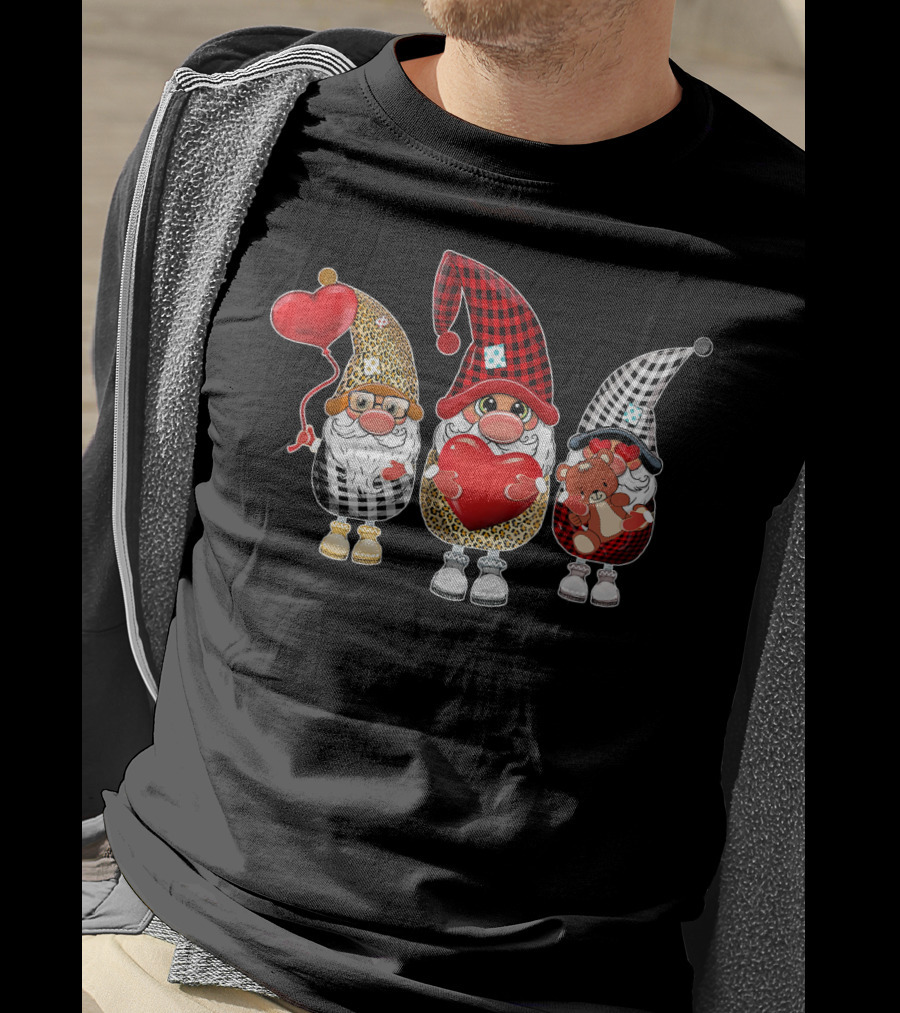 Cute Gnomes With Leopard And Buffalo Plaid Hearts T-Shirt