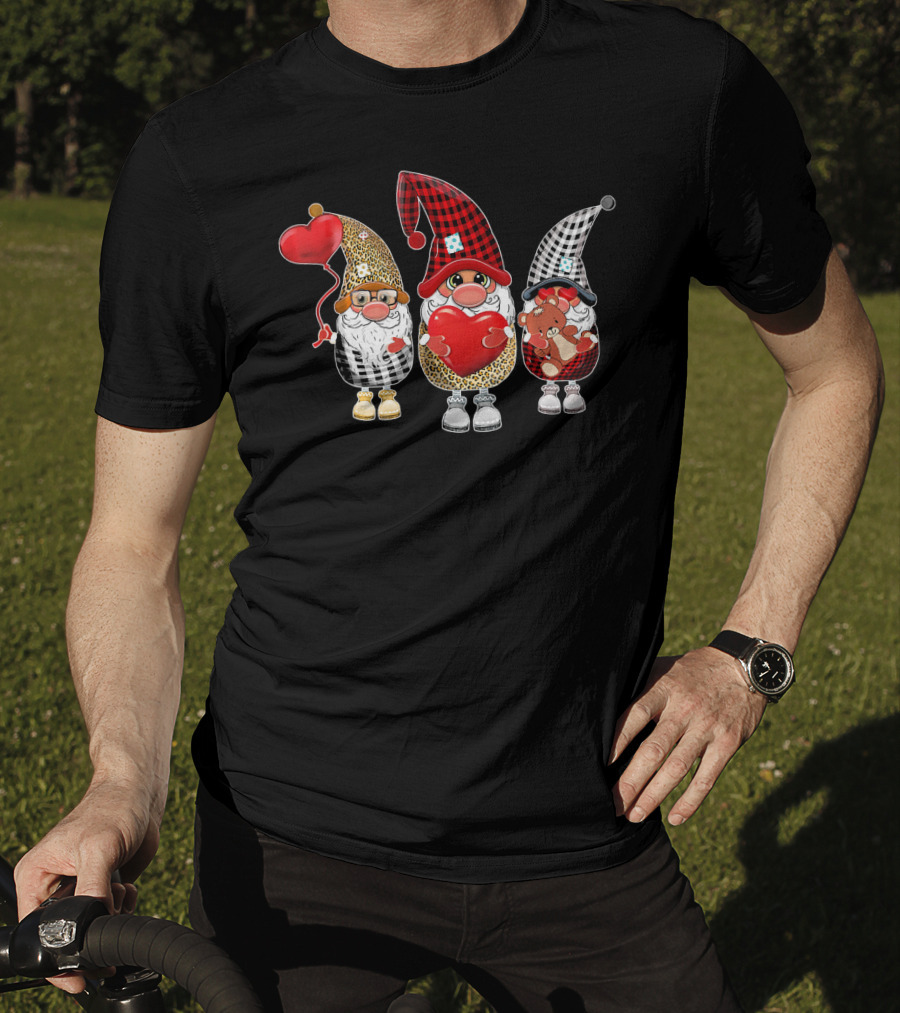 Cute Gnomes With Leopard And Buffalo Plaid Hearts T-Shirt