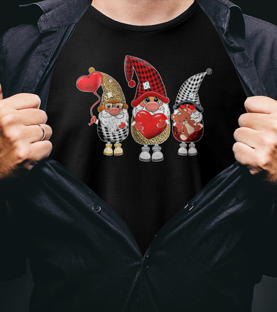 Cute Gnomes With Leopard And Buffalo Plaid Hearts T-Shirt