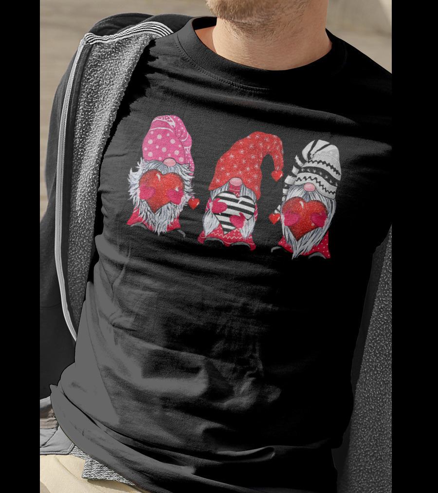 Cute Gnomes Valentine's Couple Heart Match Striped Red Hat Polka Dot T-Shirt