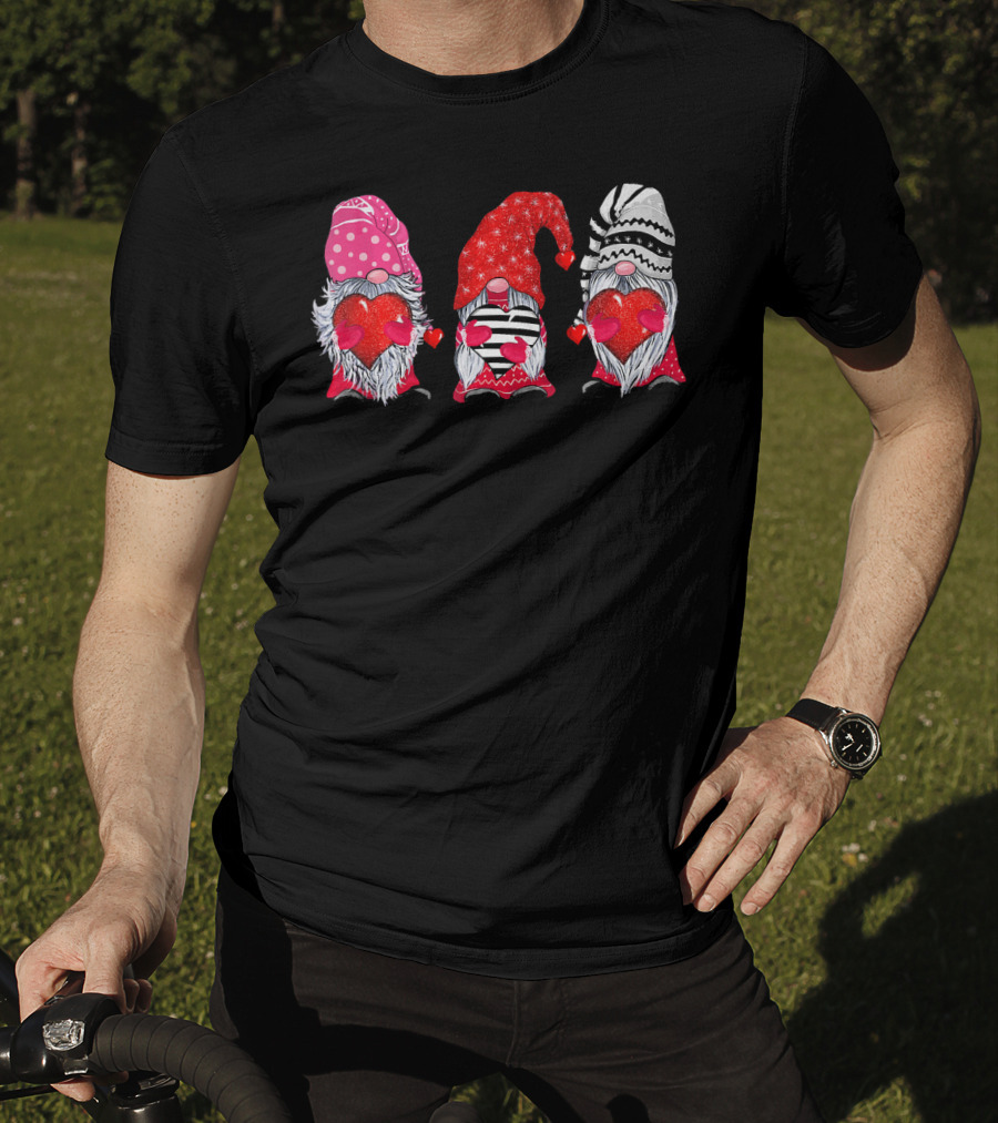Cute Gnomes Valentine's Couple Heart Match Striped Red Hat Polka Dot T-Shirt