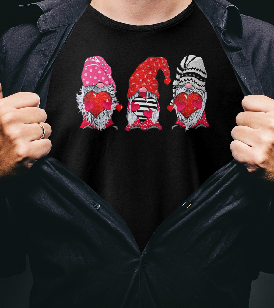 Cute Gnomes Valentine's Couple Heart Match Striped Red Hat Polka Dot T-Shirt