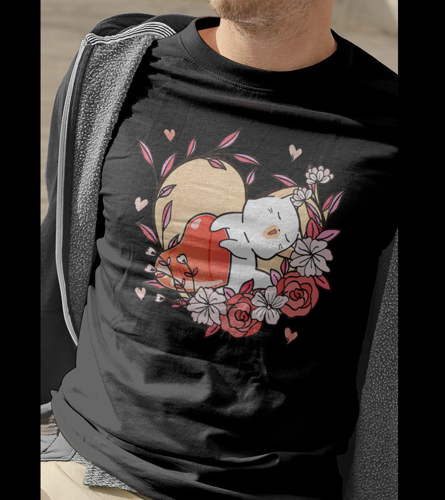 Cute Kawaii Cat Hugging Heart Surrounded By Valentines Day Flowers T-Shirt