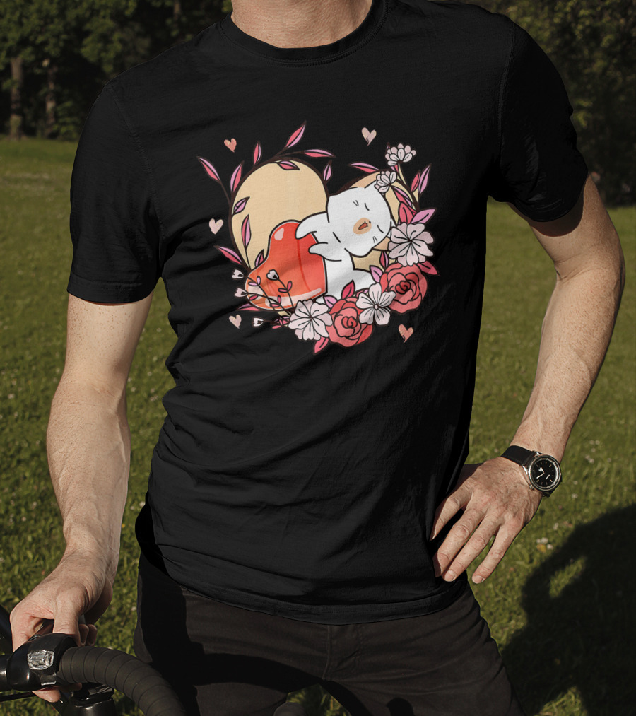 Cute Kawaii Cat Hugging Heart Surrounded By Valentines Day Flowers T-Shirt