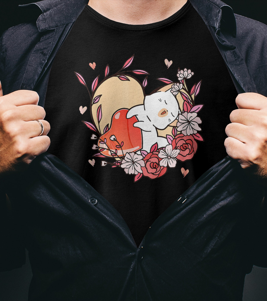 Cute Kawaii Cat Hugging Heart Surrounded By Valentines Day Flowers T-Shirt