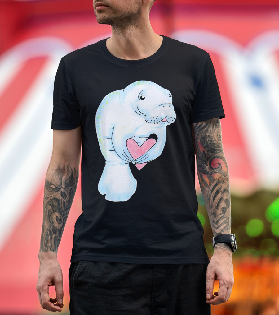 Manatee Holding Heart Valentines Day T-Shirt