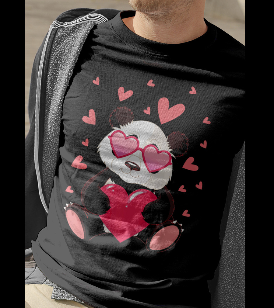 Cute Panda With Heart Glasses Valentines Day T-Shirt