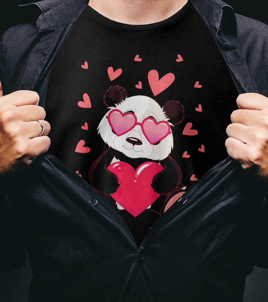 Cute Panda With Heart Glasses Valentines Day T-Shirt