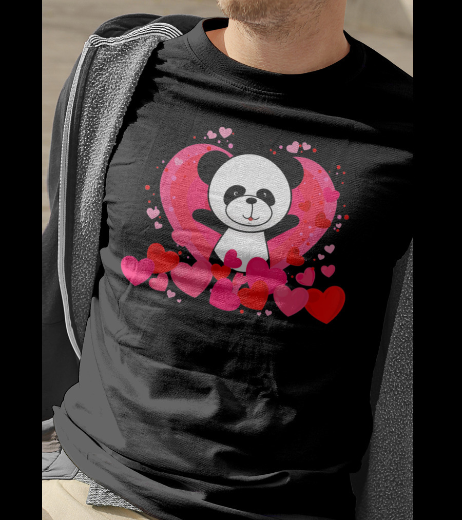 Cute Panda Surrounded By Pink And Red Hearts With Large Heart Background T-Shirt
