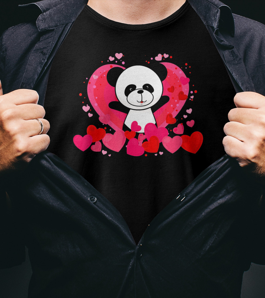 Cute Panda Surrounded By Pink And Red Hearts With Large Heart Background T-Shirt