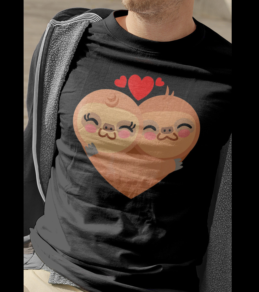 Cute Sloth Love Heart Valentines Pair With Red Hearts T-Shirt