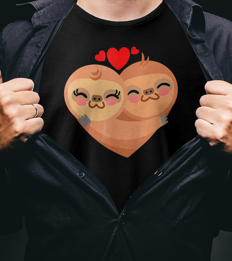 Cute Sloth Love Heart Valentines Pair With Red Hearts T-Shirt
