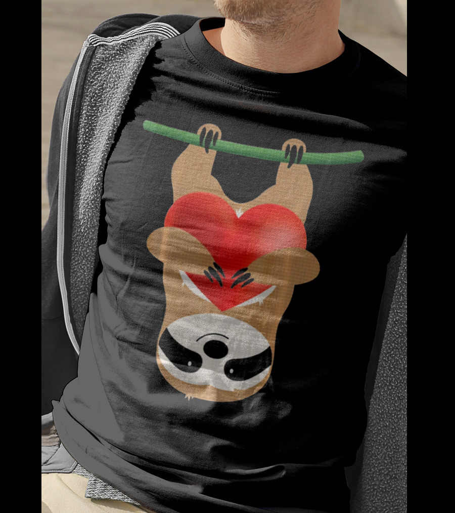Cute Upside Down Sloth Hugging Red Heart Valentines Love T-Shirt