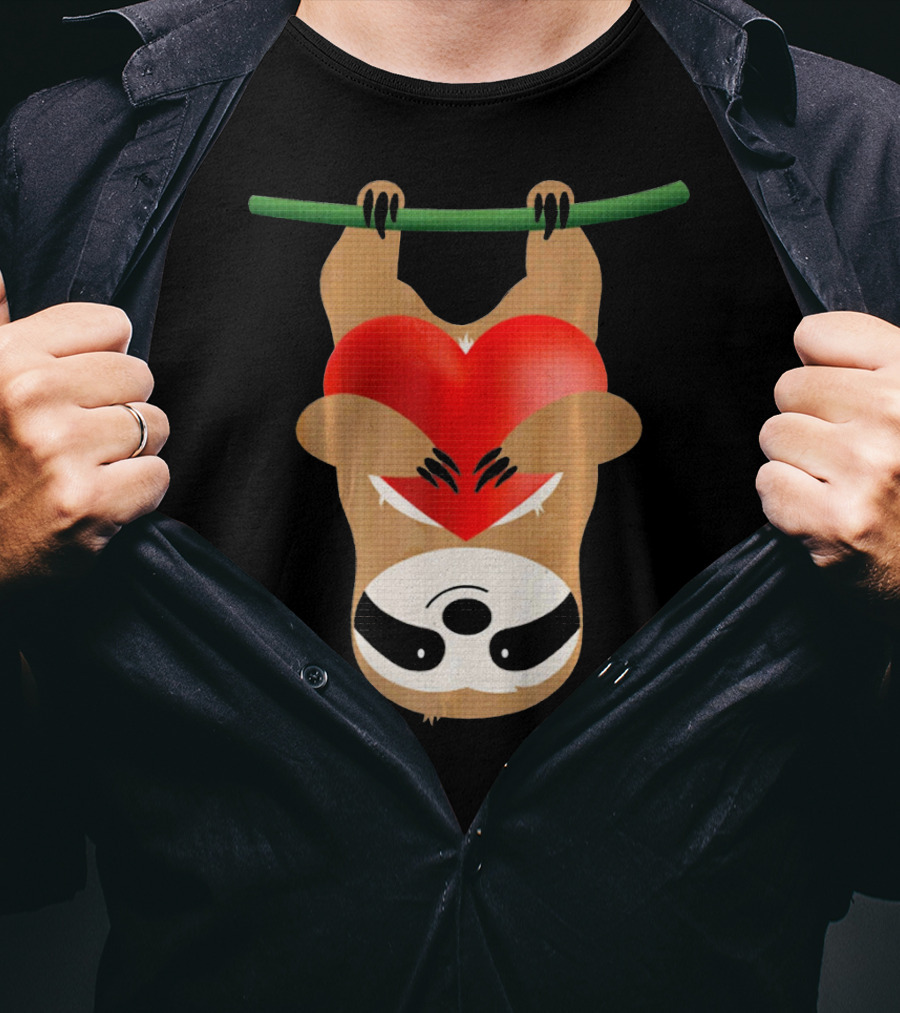 Cute Upside Down Sloth Hugging Red Heart Valentines Love T-Shirt