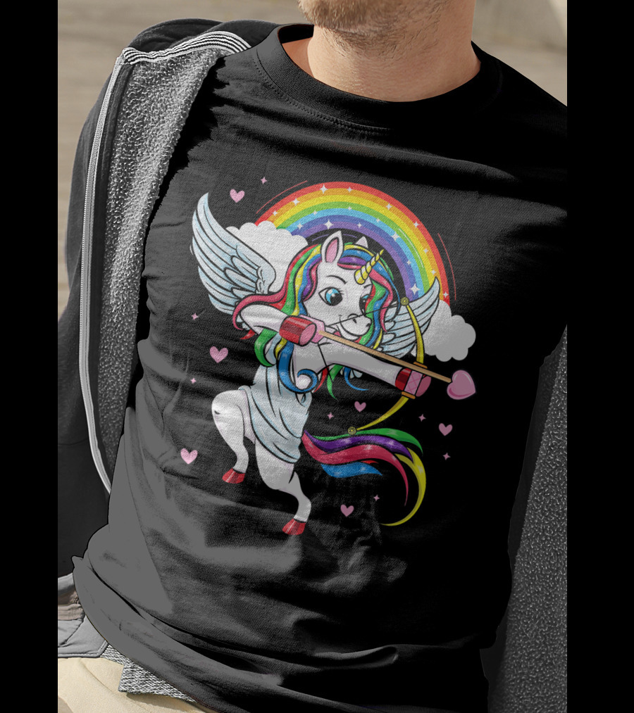 Cute Unicorn Cupid Rainbow Valentines Day Heart Girls T-Shirt