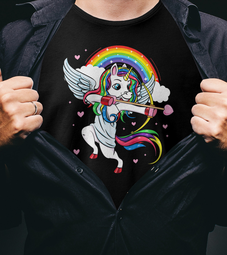Cute Unicorn Cupid Rainbow Valentines Day Heart Girls T-Shirt