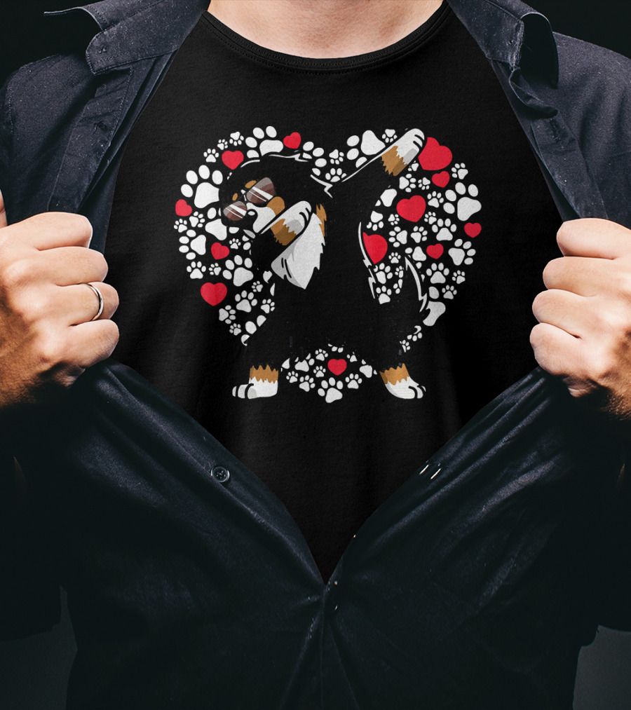 Bernese Mountain Dog Dabbing Heart Paw Prints Valentine T-Shirt