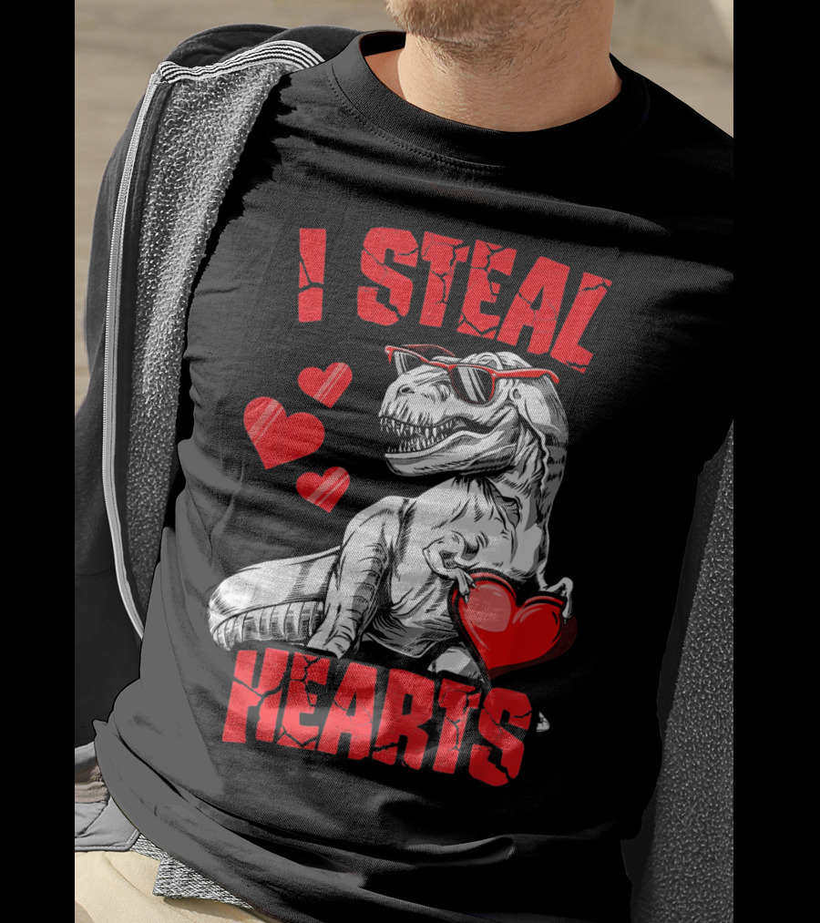 I Steal Hearts Boys Valentines Day Kids Dinosaur T-Shirt
