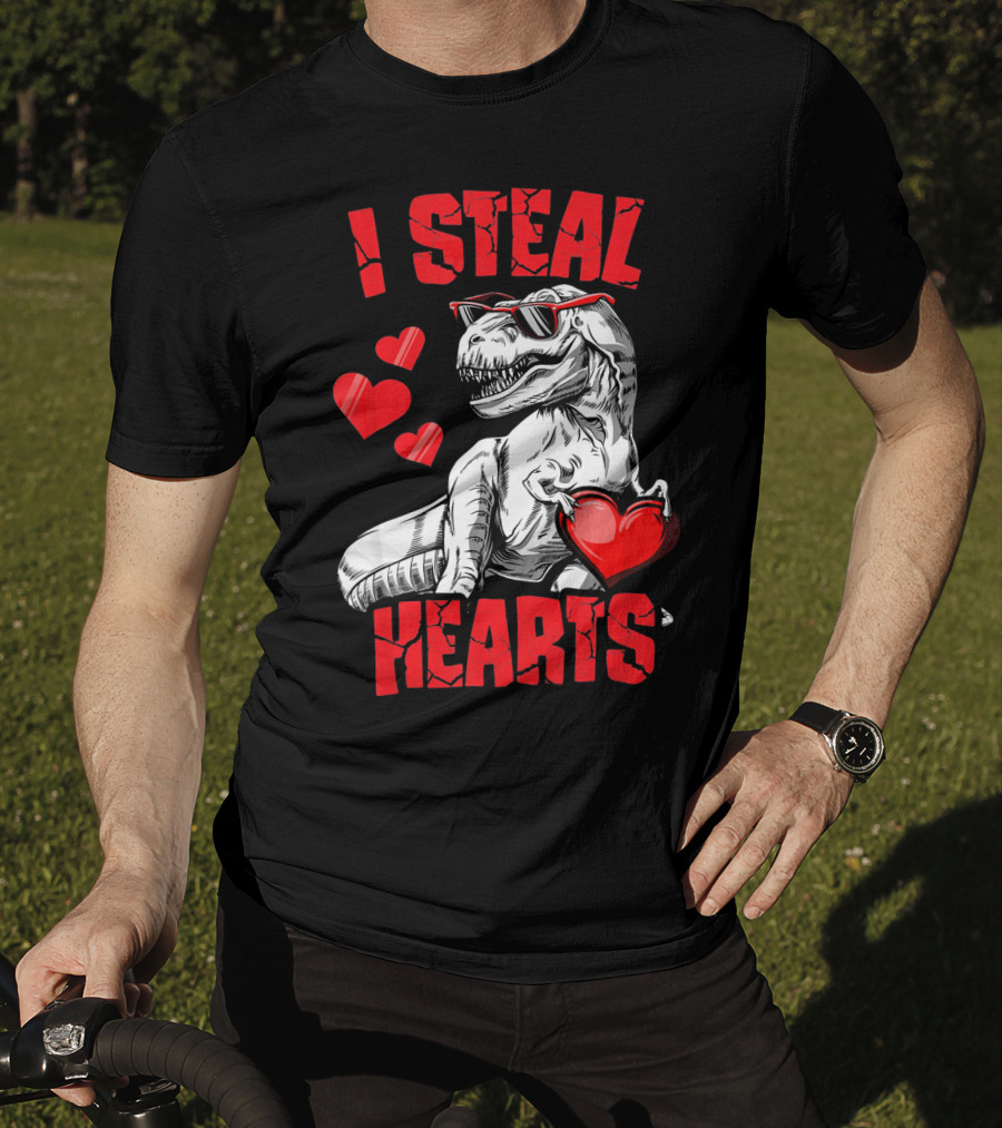 I Steal Hearts Boys Valentines Day Kids Dinosaur T-Shirt