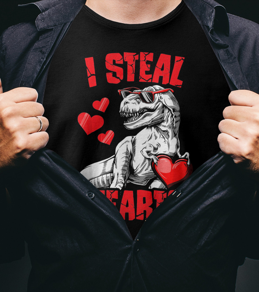 I Steal Hearts Boys Valentines Day Kids Dinosaur T-Shirt