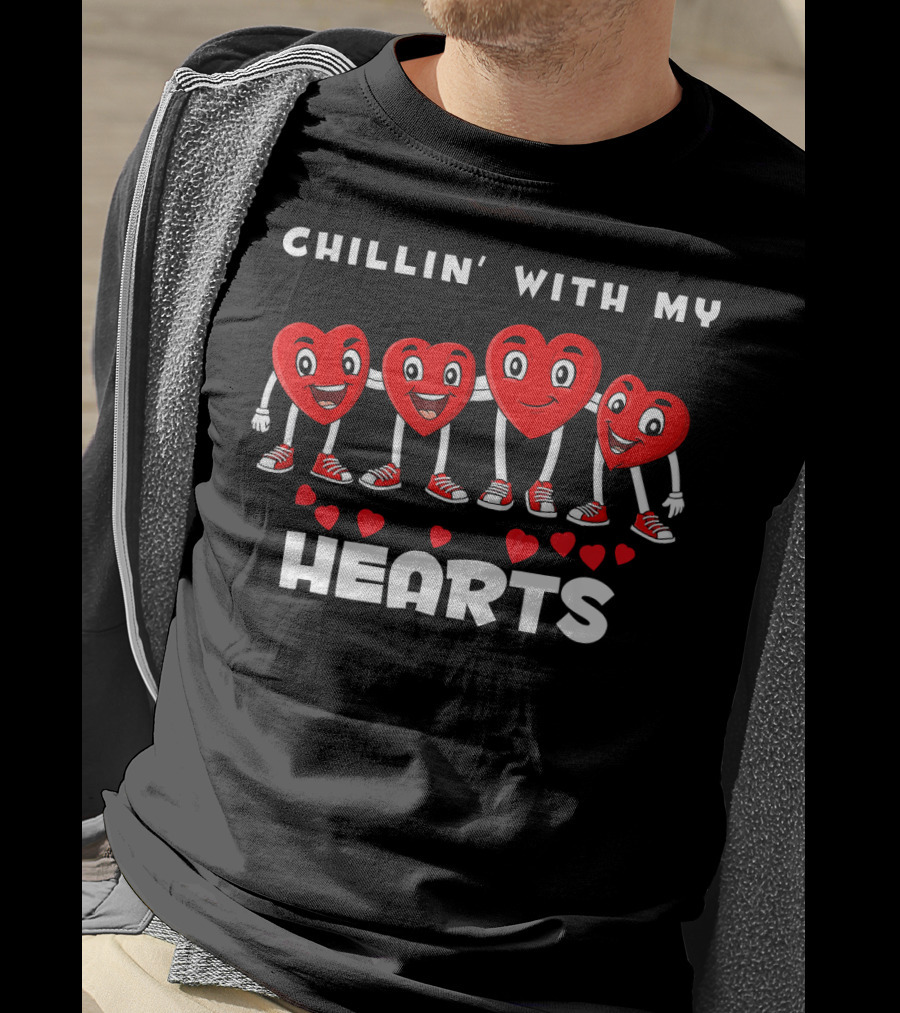 Chillin' With My Hearts Valentines Day With Smiling Heart Characters T-Shirt