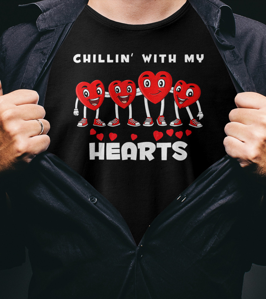 Chillin' With My Hearts Valentines Day With Smiling Heart Characters T-Shirt