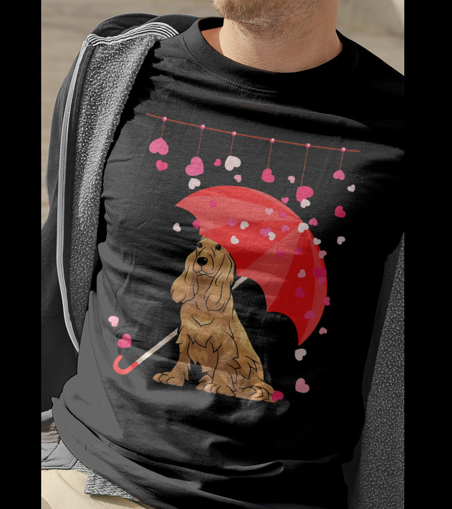 Cocker Spaniel Under Red Umbrella With Falling Hearts Valentines T-Shirt