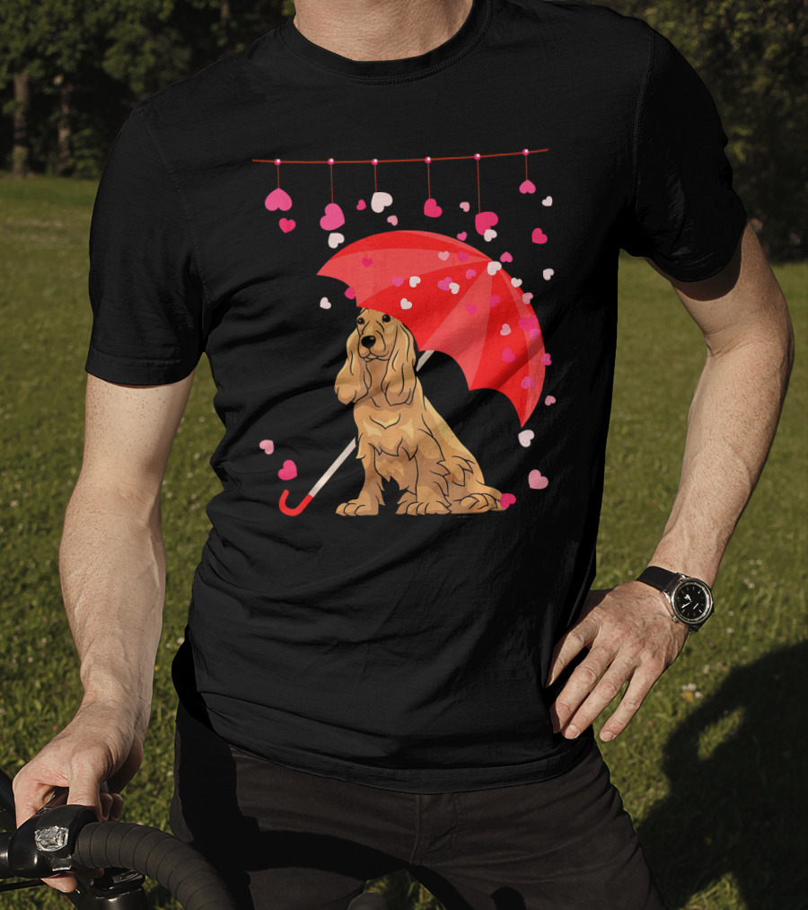 Cocker Spaniel Under Red Umbrella With Falling Hearts Valentines T-Shirt