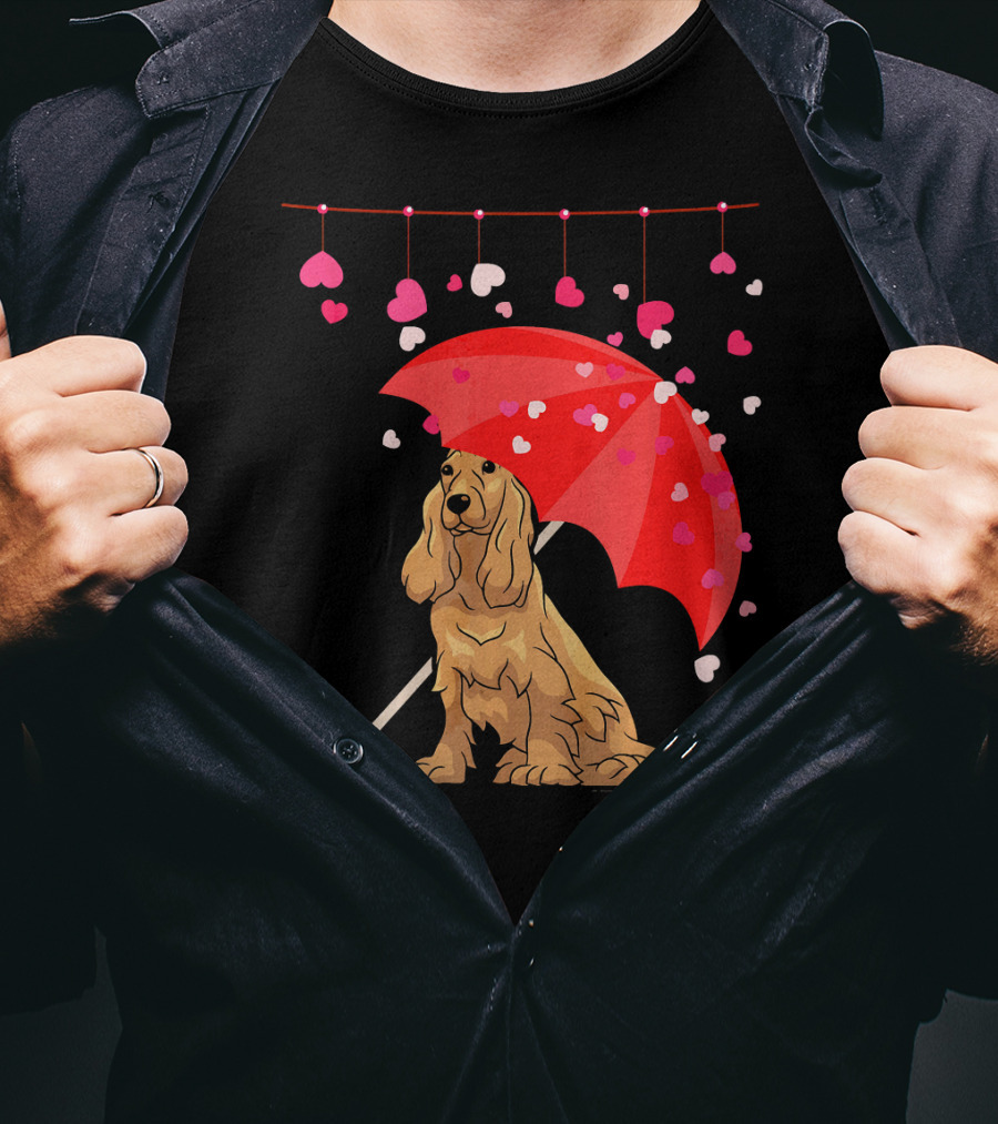 Cocker Spaniel Under Red Umbrella With Falling Hearts Valentines T-Shirt