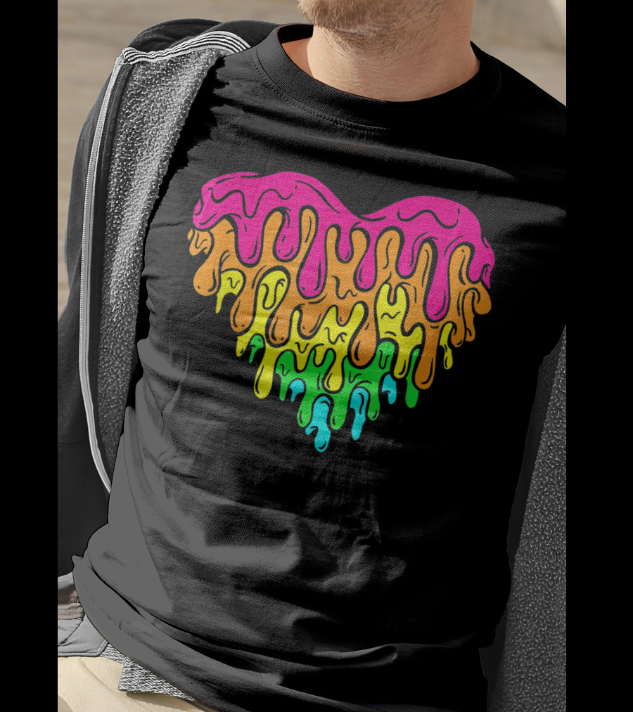 Cool Retro 80s Neon Dripping Rainbow Valentines Day Heart T-Shirt