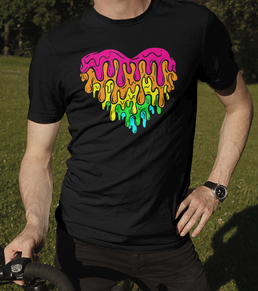 Cool Retro 80s Neon Dripping Rainbow Valentines Day Heart T-Shirt