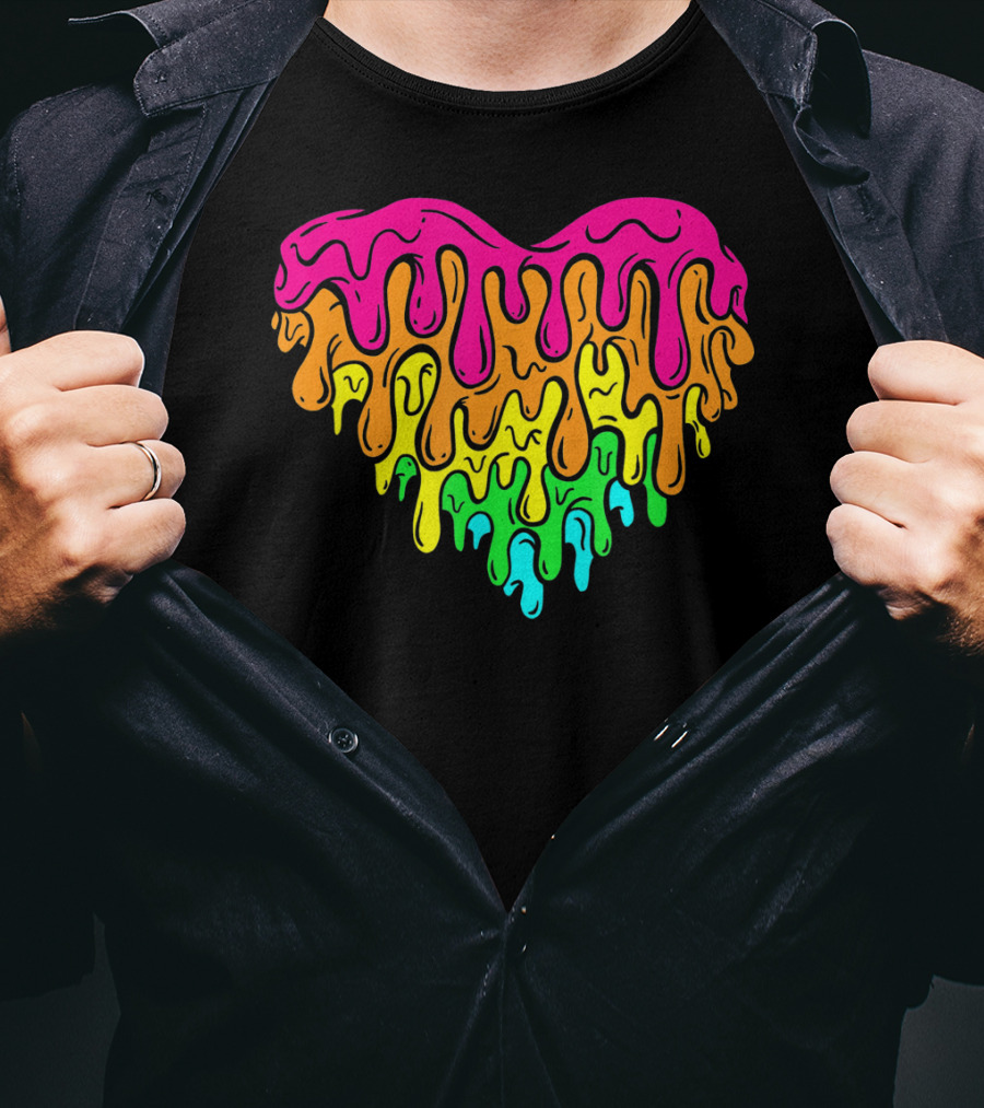 Cool Retro 80s Neon Dripping Rainbow Valentines Day Heart T-Shirt