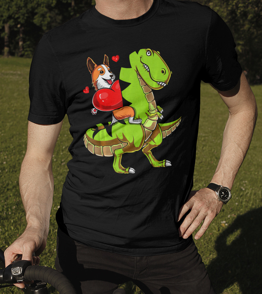 Corgi Dog Riding T-Rex Dinosaur With Hearts Valentin T-Shirt