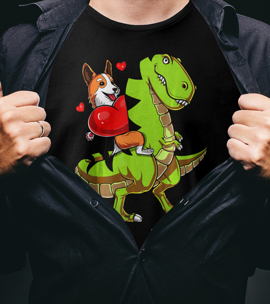 Corgi Dog Riding T-Rex Dinosaur With Hearts Valentin T-Shirt