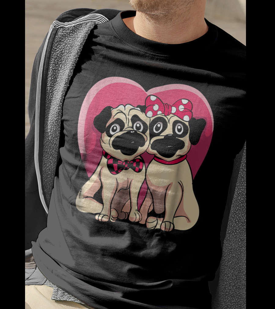 Cute Pug Valentine Puppy Love Co Heart Bow Tie Bow T-Shirt