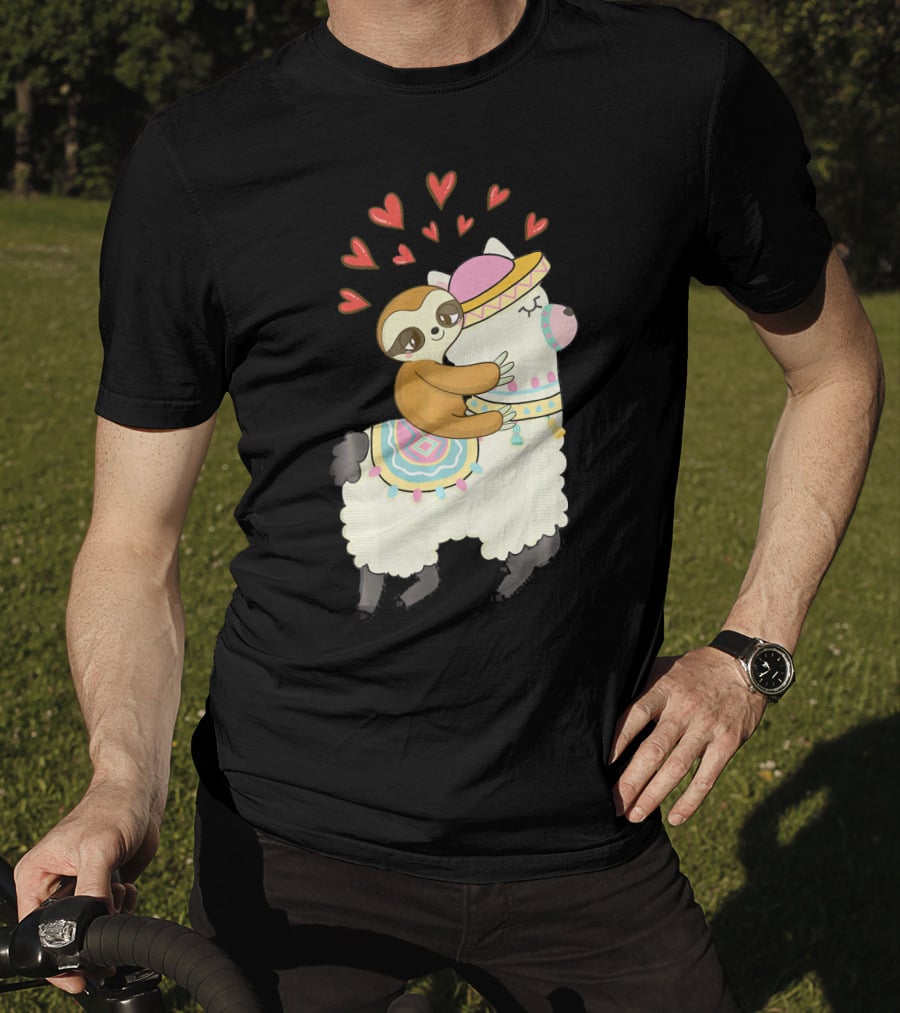 Cute Sloth Riding Llama Heart Va Love Llama Adventure T-Shirt