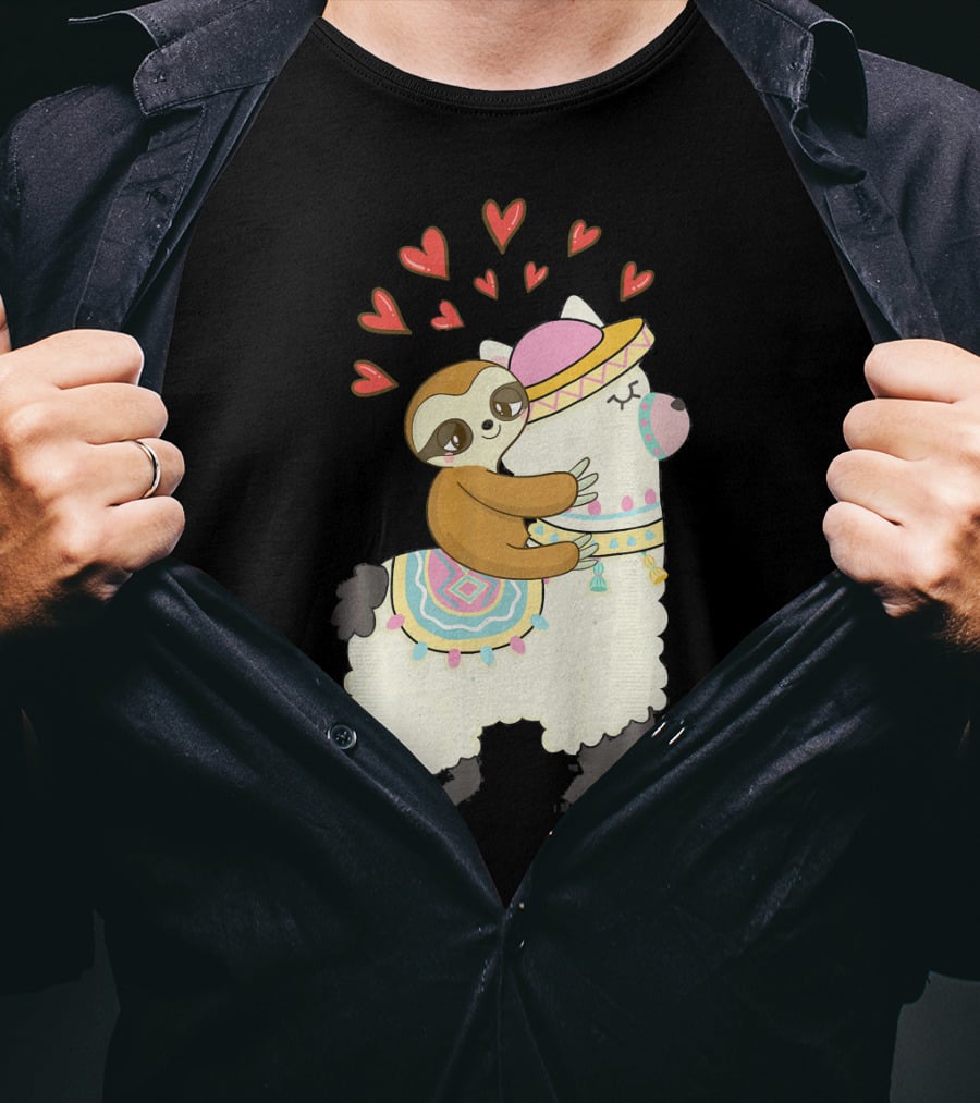 Cute Sloth Riding Llama Heart Va Love Llama Adventure T-Shirt