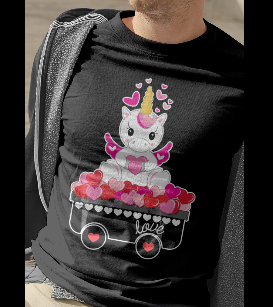 Valentines Day Unicorn Love Wagon With Hearts T-Shirt