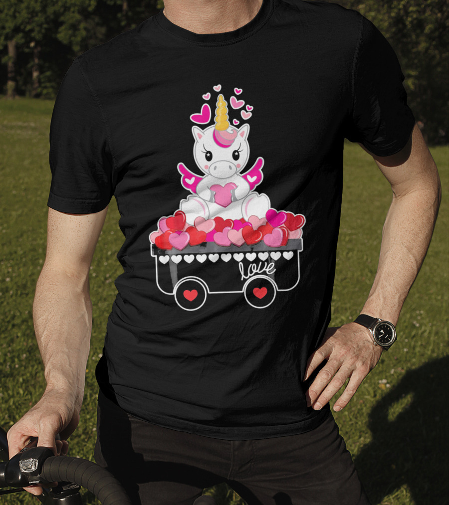 Valentines Day Unicorn Love Wagon With Hearts T-Shirt