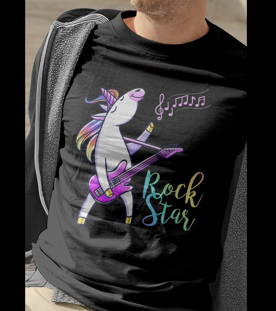 Unicorn Rock Star With Guitar And Musical Notes T-Shirt