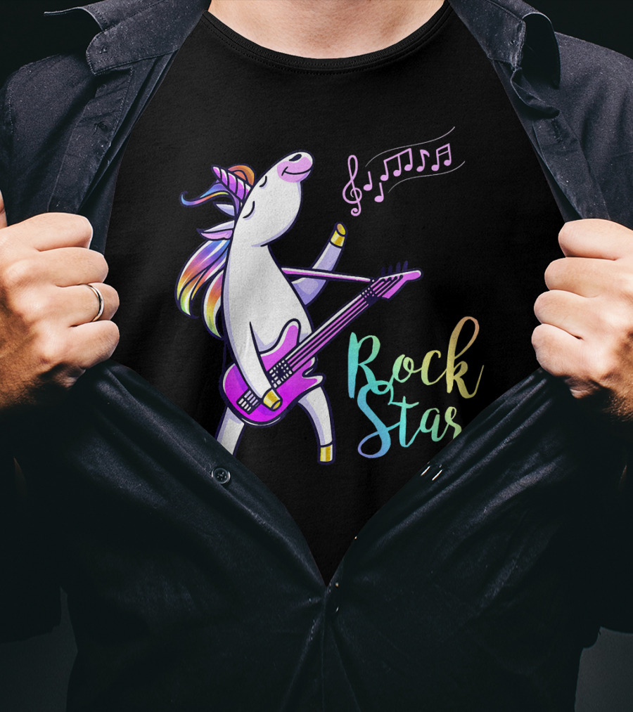 Unicorn Rock Star With Guitar And Musical Notes T-Shirt