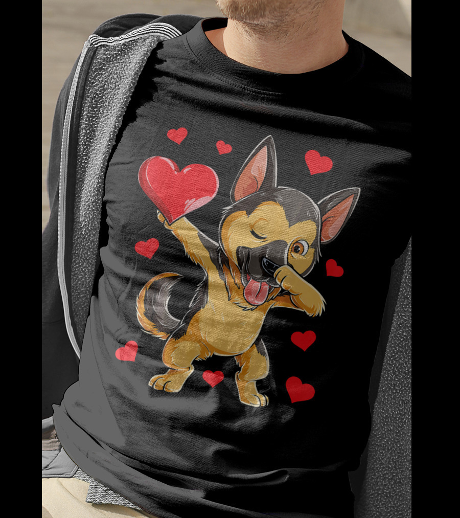 Dabbing German Shepherd Holding Heart Surrounded By Red Valentines Hearts T-Shirt
