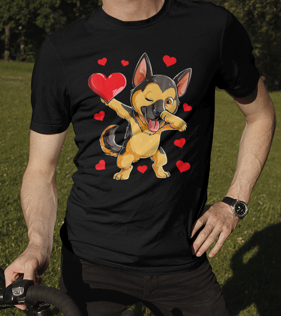 Dabbing German Shepherd Holding Heart Surrounded By Red Valentines Hearts T-Shirt