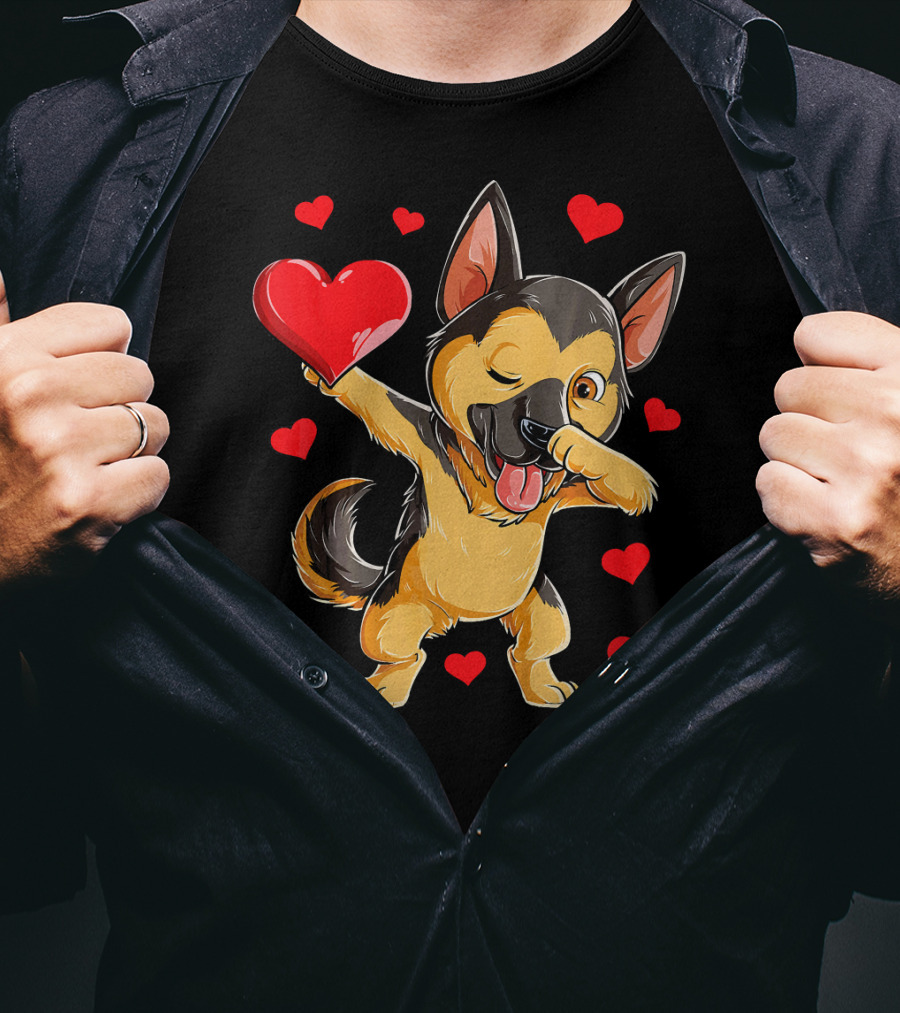 Dabbing German Shepherd Holding Heart Surrounded By Red Valentines Hearts T-Shirt