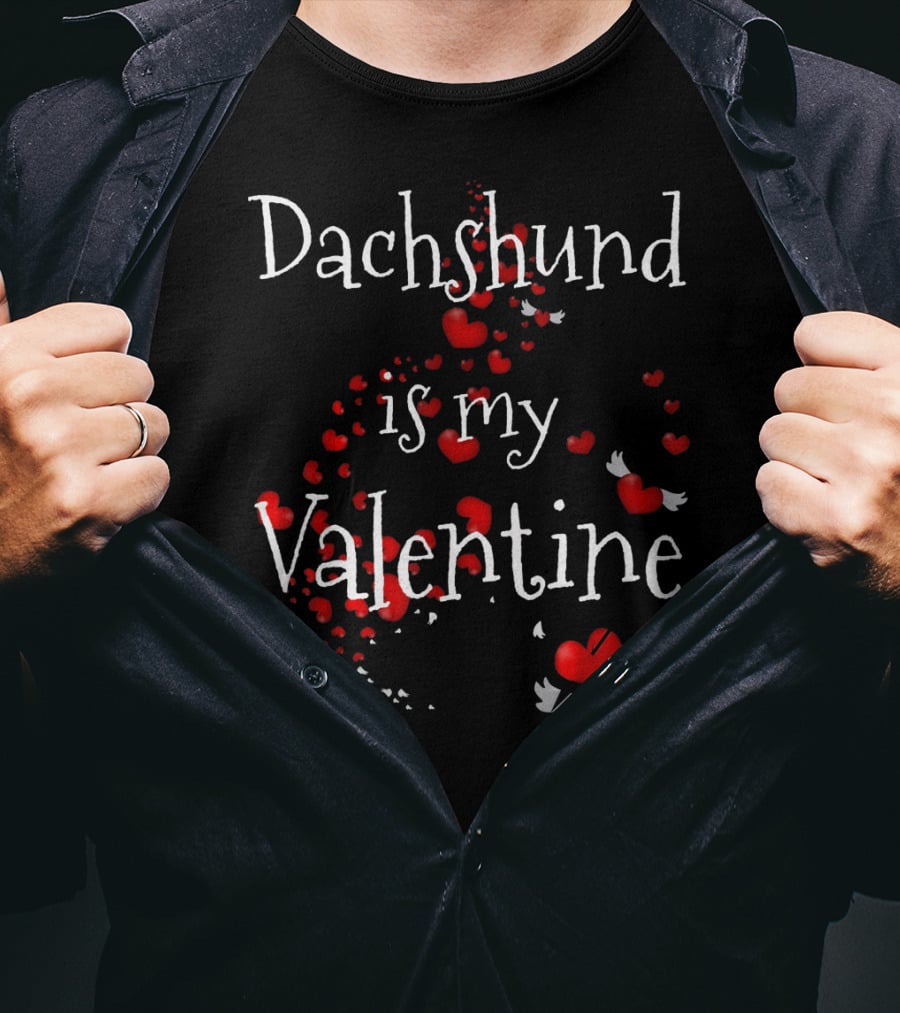 Dachshund Is My Valentine With Hearts And Wings T-Shirt
