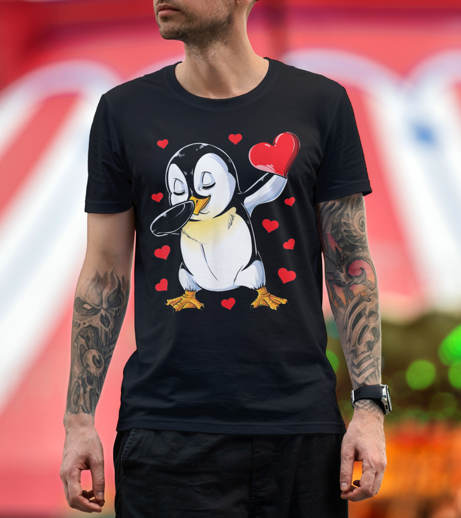 Valentines Dabbing Penguin with Heart Surrounded by Red Hearts T-Shirt