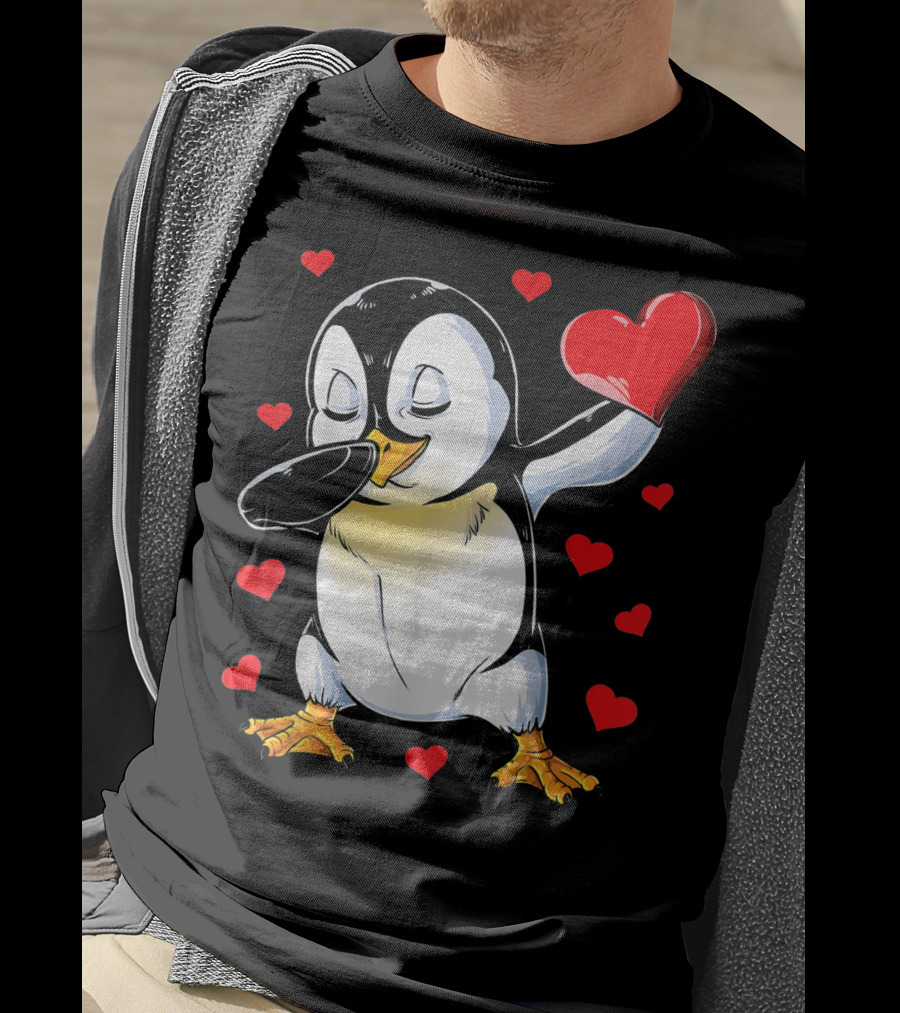 Valentines Dabbing Penguin With Heart Surrounded By Red Hearts T-Shirt