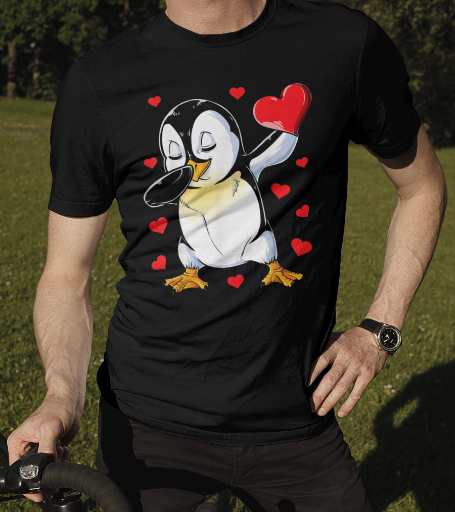 Valentines Dabbing Penguin With Heart Surrounded By Red Hearts T-Shirt